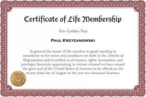 Paul's Life Membership certificate