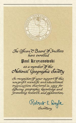 Paul's National Geographic membership certificate