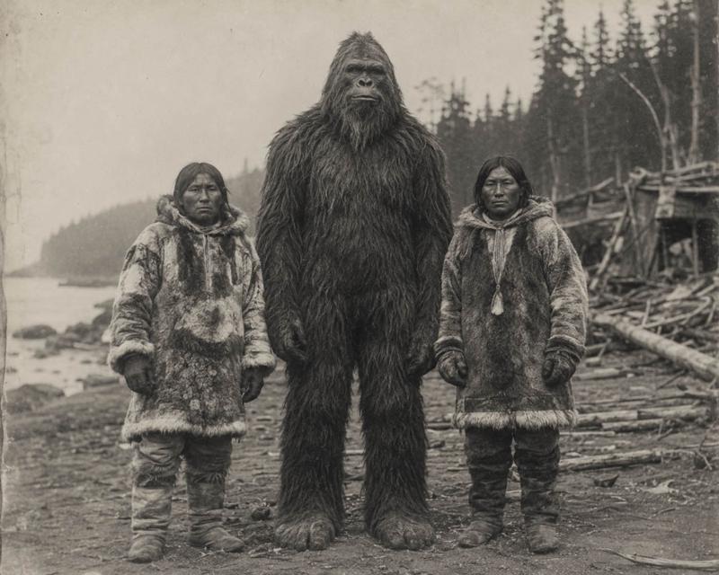 Two Lummi tribal members with a Ts'emekwes, ca. 1890s